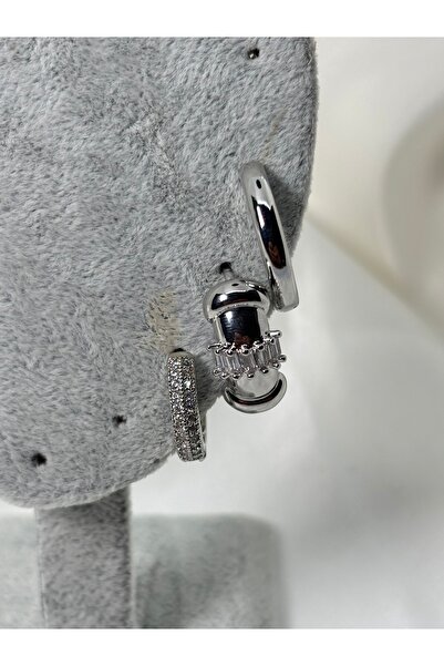 Uzak Işıklar Steel Earring Ring Model with Zircon Stone Triple Set Silver