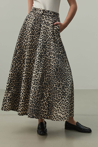Fahhar High Waist Jean Flared Skirt Leopard