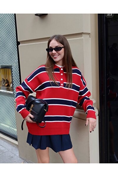 Askı Nişantaşı Kadın Kırmızı-Lacivert Polo Yaka Düğmeli ŞeritliTriko Kazak