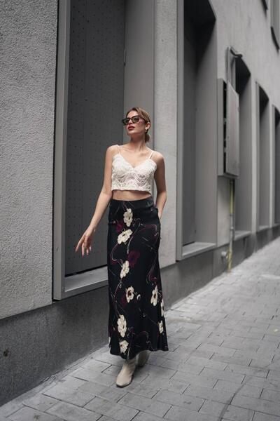 winmoda Patterned Long Satin Skirt - Satin Skirt - Patterned Satin Skirt