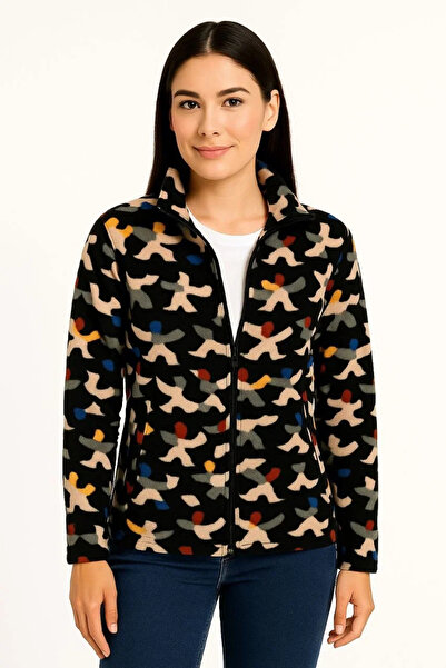 hibiscus Women's Full Zip Patterned Fleece Sweatshirt – Black Multicolor Figure Pattern Collar, Long Sleeve, Oversized