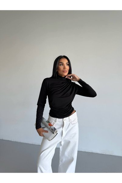 By BAYANA Turtleneck Drape Detail Sandy Fabric Blouse