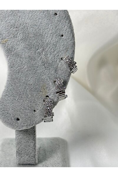 Uzak Işıklar Steel Earrings with Zircon Stones Thick Triple Set Silver