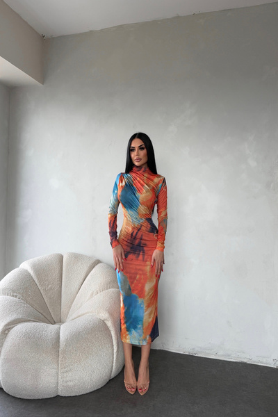 kamacibutik Turtleneck Draped Patterned Dress