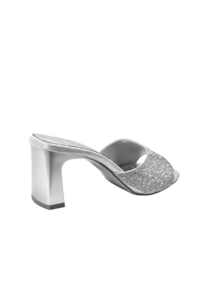Beety Silver & Black Stone Thick Heeled Women's Evening Dress Slippers