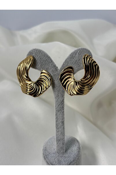 Uzak Işıklar Çelik küpe düğme model kıvrımlı oval gold