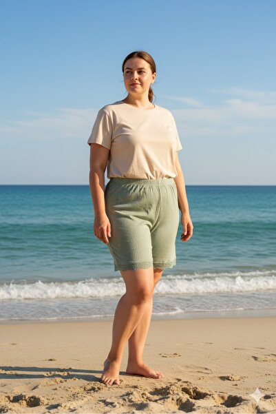 Litae Bambu Corded Fabric Women's Home Shorts Leg Lace Detailed Home Wear Green