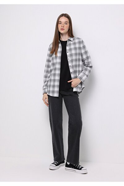 Colin's Regular Fit Shirt Neck Ekoseli Kadın Gri Uzun Kol Gömlek