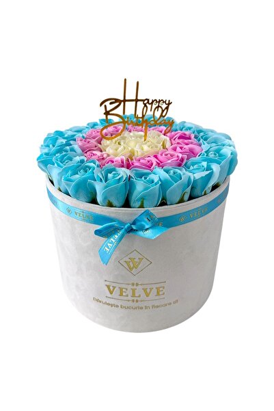 velve Aranjament Floral Majestic,trandafiri sapun,albastru,roz,alb,cutie alba...