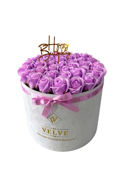 velve Aranjament Floral Majestic Lila,trandafiri din sapun,cutie alba de cati...