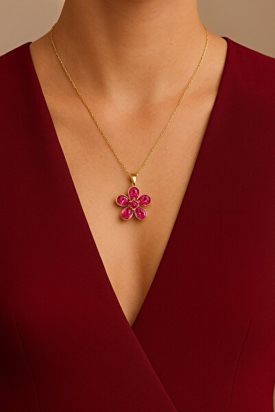 Mivra قلادة نسائية من الفولاذ مع حجر الزركون على شكل زهرة الأقحوان الوردية