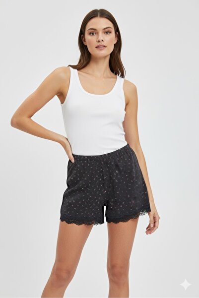 Litae Solid Color Mini Floral Pattern Combed Cotton Women's Home Shorts Leg Lace Detailed Home Wear Black