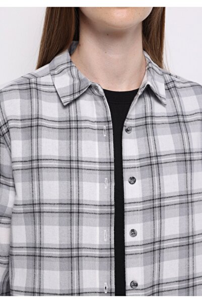 Colin's Regular Fit Shirt Neck Ekoseli Kadın Gri Uzun Kol Gömlek