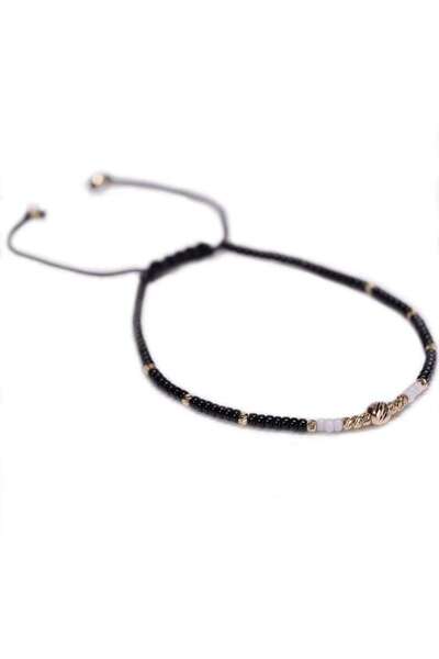 MANAVA Bracelet with 17 14k Gold balls and black and white Miyuki beads, adjustable