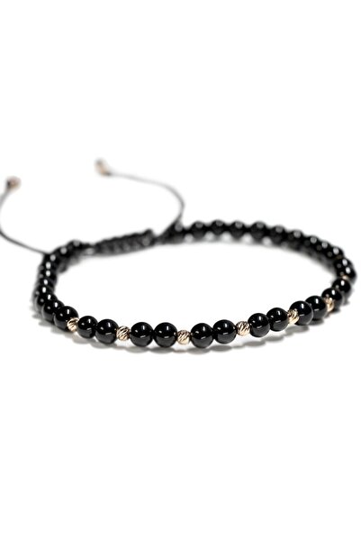 MANAVA Bracelet with 10 14k Gold balls and black onyx semi-precious stones, adjustable