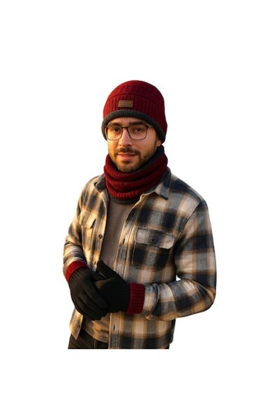 Vadodara Winter Set - Beanie, Neck Warmer and Men's Gloves Burgundy, Thick Knit with Plush Cocolino