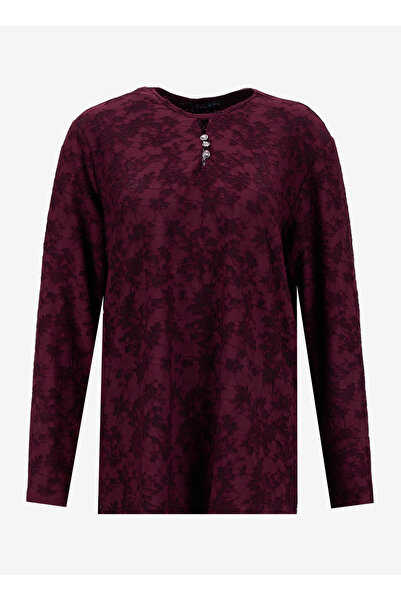 Selen Bisiklet Yaka Desenli Bordo Kadın Bluz 25KSL8209