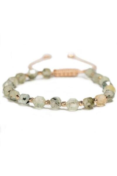MANAVA Bracelet with 20 14k Gold balls and Prehnite semi-precious stones, adjustable