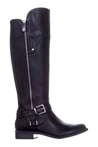 Guess Women's Riding Boots, Black Faux Leather, Decorative Metal Buckles, Size 38 EU