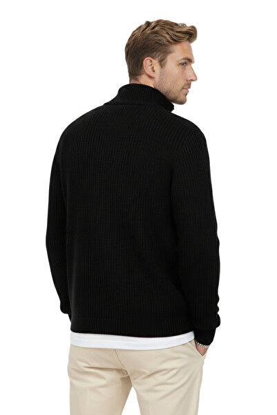 DeepSEA Pulover pentru bărbați, negru, cu jumătate de fermoar supradimensionat croială – Pulover tricotat bumbac 100% 2608511
