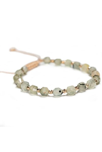 MANAVA Bracelet with 20 14k Gold balls and Prehnite semi-precious stones, adjustable