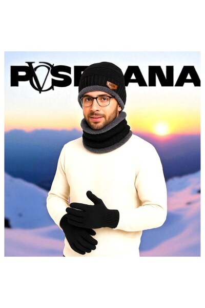 Vadodara Winter Set: Beanie, Neck Warmer & Gloves for Men - Black, Thick Knit with Cocolino Plush Lining