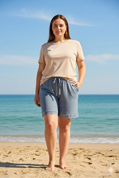 Royaleks Group Litaetrend Bamboo Corded Fabric Women's Home Shorts Leg Lace Detailed Home Wear Gray