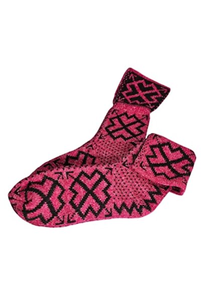 Kral Women's Knitted Ciupici Socks, Wool, Ethno Motifs, Fuchsia & Khaki, One Size
