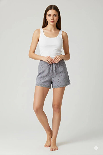 Royaleks Group Litaetrend Solid Color Mini Floral Pattern Combed Cotton Women's Home Shorts Leg Lace Detailed Home Wear Gray