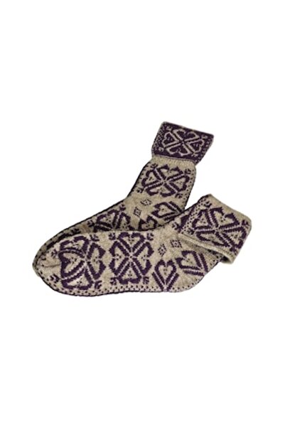 Kral Women's Knitted "Ciupici" Socks, Wool, Ethno Motifs, Grey and Purple, One Size