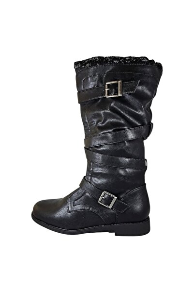 JustFab Women's Slouchy Boots Black Faux Leather Knit Collar Side Zipper Size 37.5 EU