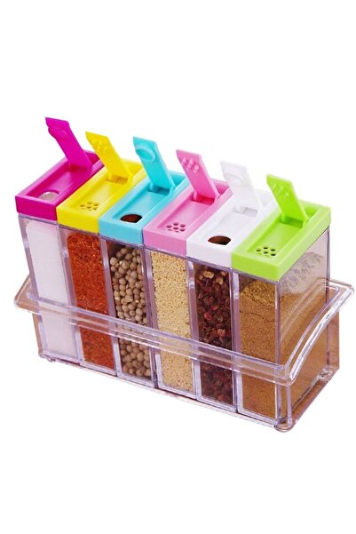 Generic The set includes 6 transparent spice jars with different colored lids, and a plastic base for organization.