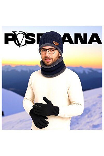 Vadodara Winter Set - Beanie, Circular Scarf & Gloves, Dark Blue Thick Knit with Cocolino Plush Lini