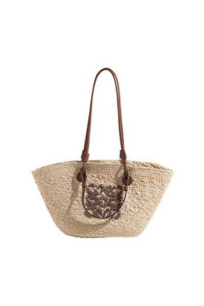 Generic Straw Bag - Large Capacity Hand-Woven Tote for Beach - Off white