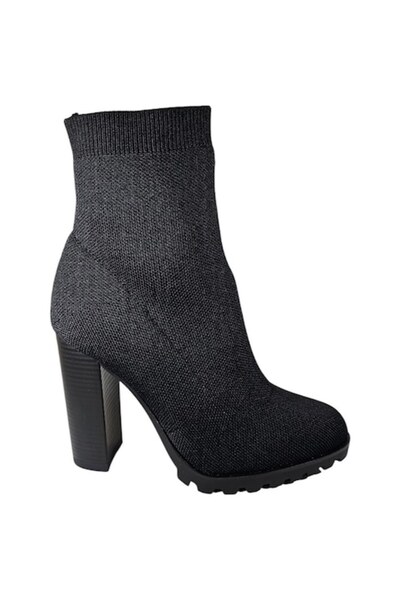 JustFab - Women's sock-style ankle boots, black nylon, 10.5 cm heel, almond toe, EU 37.5