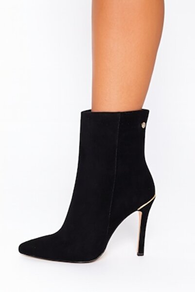 Nine West women's ankle boots, 10 cm stiletto, faux suede black, gold heel detail, size 38