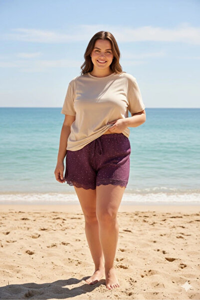 Litae Litaetrend Solid Color Mini Floral Pattern Combed Cotton Women's Home Shorts Leg Lace Detailed Home Wear Dusty Rose