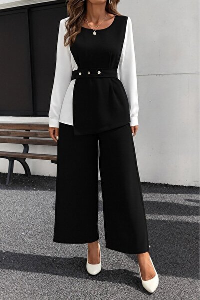 modaserdem Women's Long Sleeve Open Collar Double Color Belted Imported Crepe Two-Piece Suit