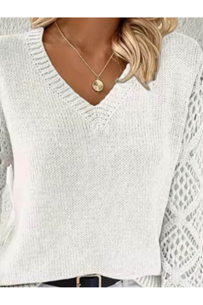 buğrahayalin    Women's Long Sleeve V Neck Sleeve Hollowed Out Diamond Pattern Detailed Knitwear Sweater