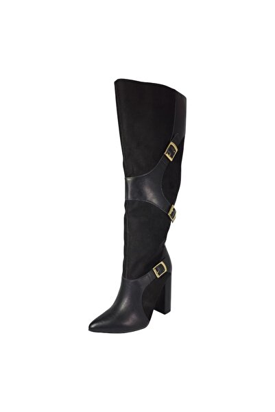 JustFab Women's Below-Knee Boots, black faux leather & microfiber, 10 cm block heel, buckled design,