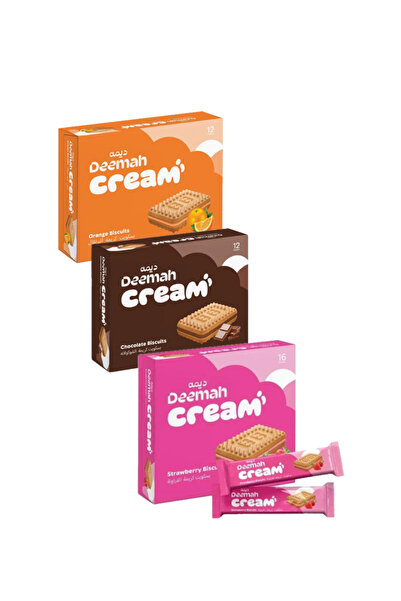 Generic Cream biscuits in three flavors: orange, chocolate, and strawberry.