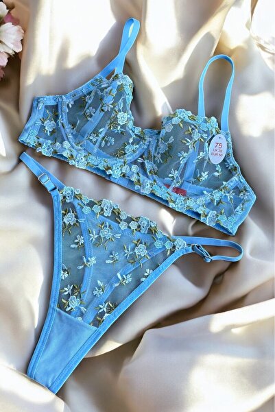 BUELLNA Mavi Çiçek Desenli Transparan Dantel Kadın Bralet & Tanga Sütyen Külo...