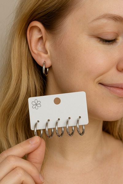 Mivra Kadın Küçük Halka 6’lı Set Gümüş Rengi Çelik Küpe