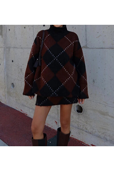 nidistore Brown Black Diamond Patterned Skirt Sweater Set