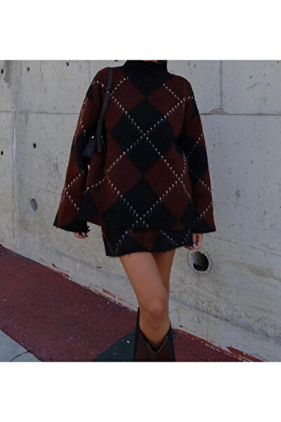 nidistore Brown Black Diamond Patterned Skirt Sweater Set