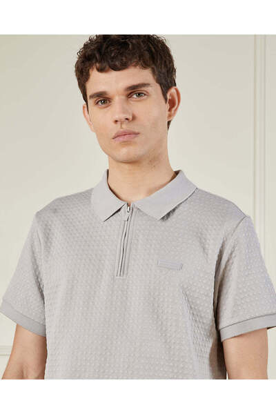 REDTAG Men Beige Zip Placket Jacquard Polo Shirt