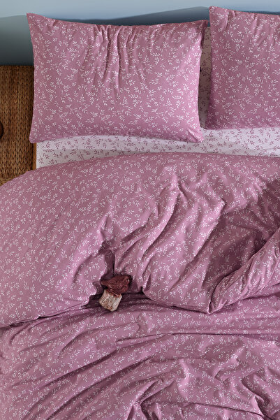 LADYNİL 100% Cotton Double Duvet Cover Set with Elastic Sheets, Plum Spike