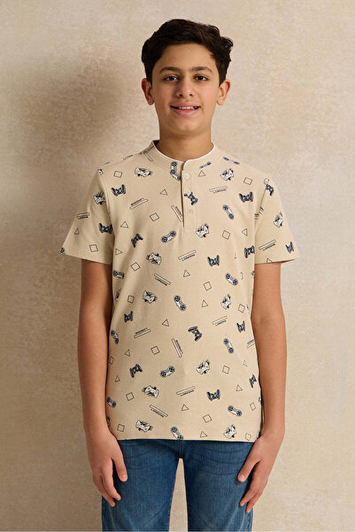 REDTAG Senior Boys Beige Printed Polo Shirt