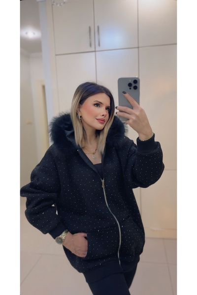 DENİZ Taşlı Kürk Detaylı Kapşonlu Ceket