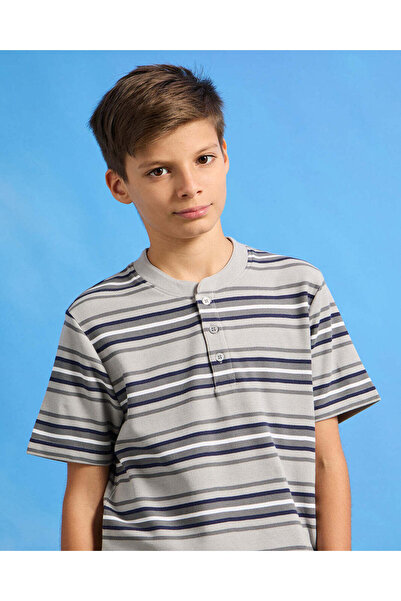 REDTAG Senior Boys Grey Striped Mandarin Collar Polo Shirt
